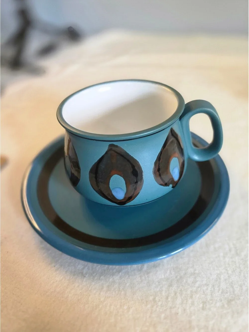 Vintage Jonas Roberts Stoneware Teal Blue Cup Saucer Set of 2 Mid Century
